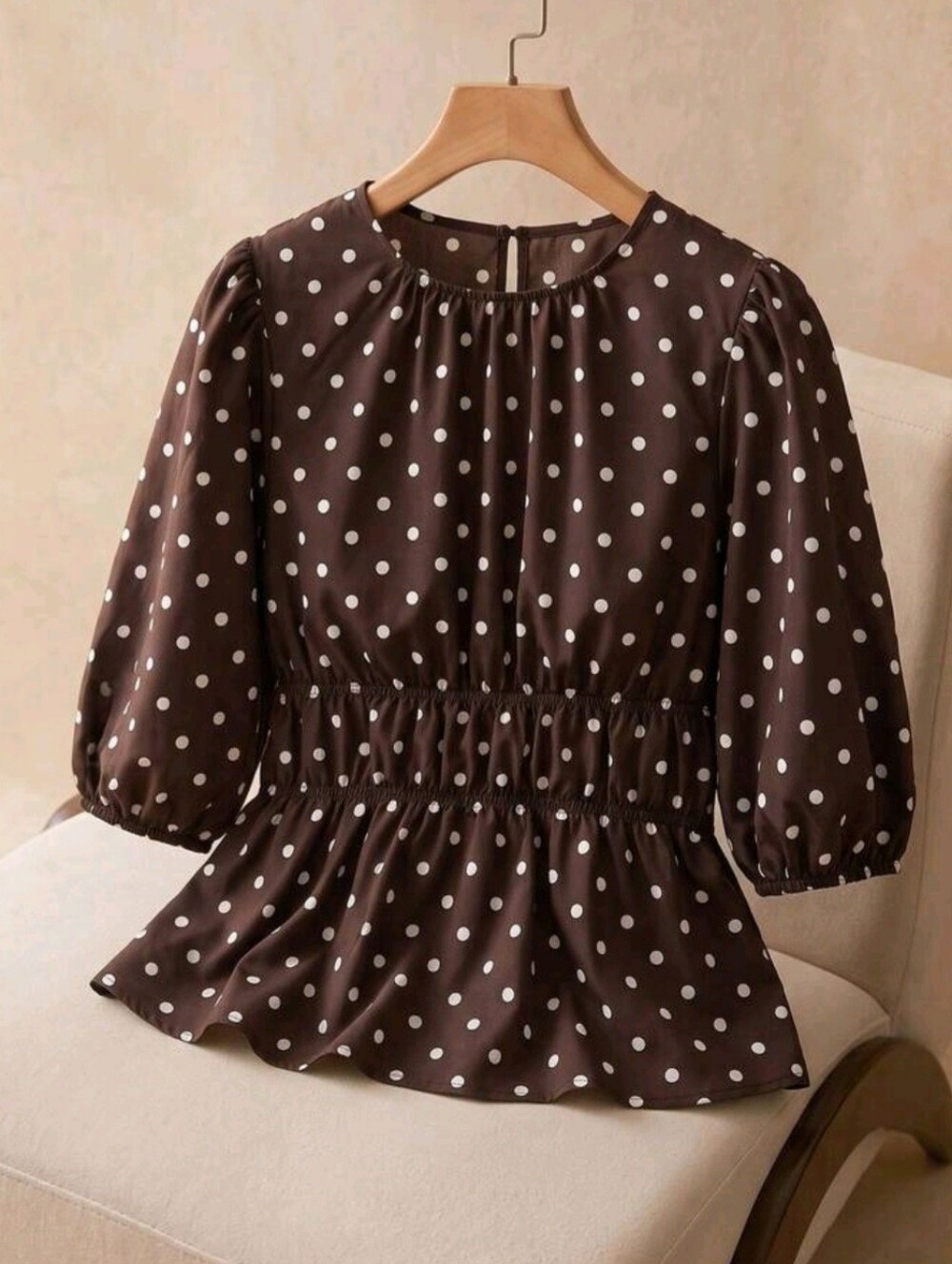 Polka Dot Peplum Blouse - Brown
